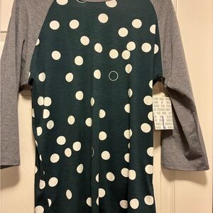 LulaRoe Randy Teal and white polka dot with grey sleeves NWT Size L